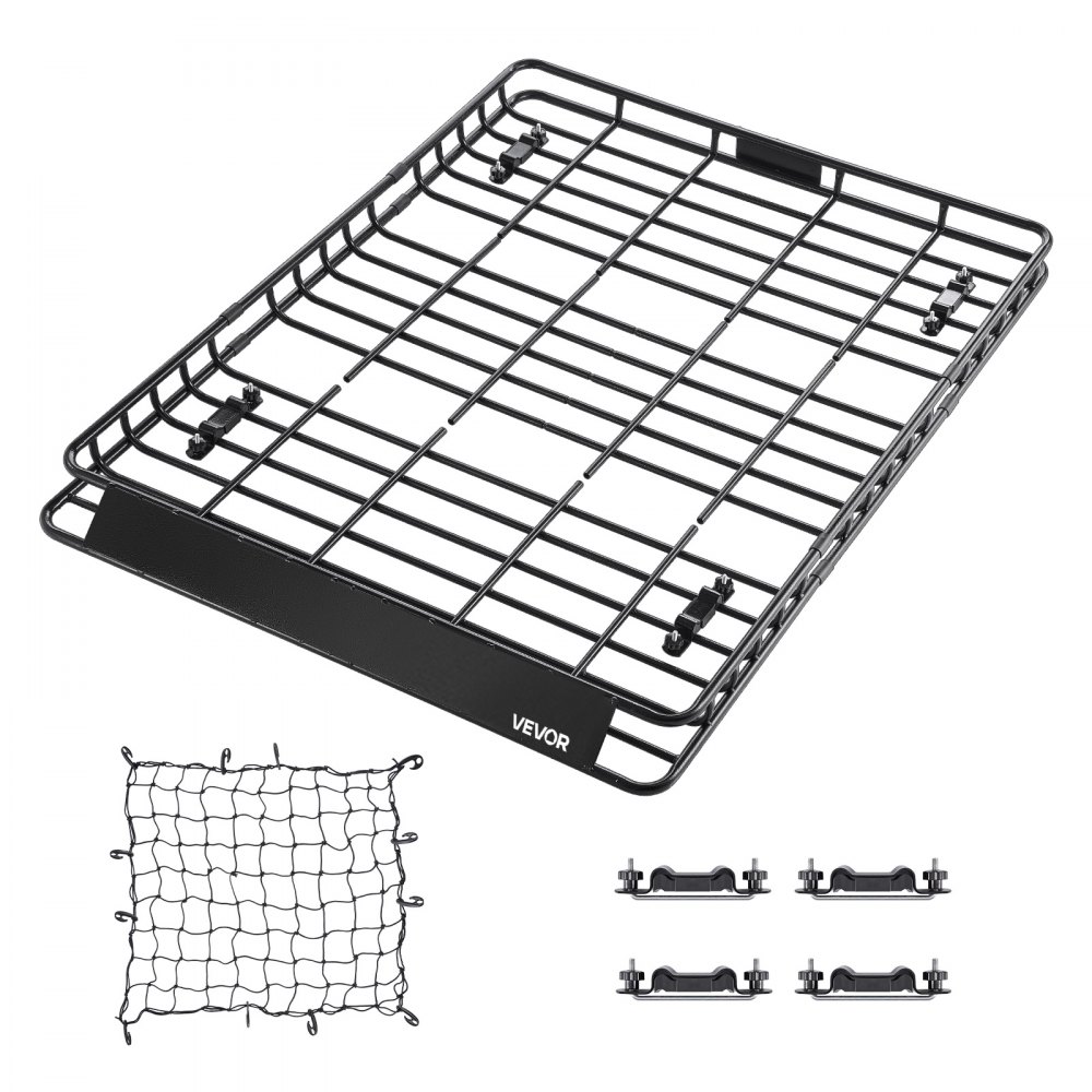 VEVOR Dachträgerkorb 1630 x 1270 x 105 mm mit zwei 90 x 100 cm Gepäcknetzen, Geeignet für Gepäck Sport- und Campingausrüstung, mit 4 U-Bügeln und Abgeschrägter Frontplatte, Legierter Stahl, Schwarz