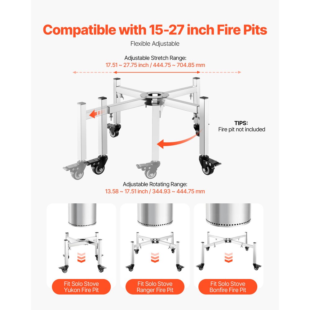 VEVOR Fire Pit Stand, 38-68.6 cm Adjustable Stretch with 4 Casters, Firepit Stand for Solo Stove Bonfire Ranger Yukon & Other Outside Firepit, Stainless Steel Camping Fire Pit Accessory for Fireplace