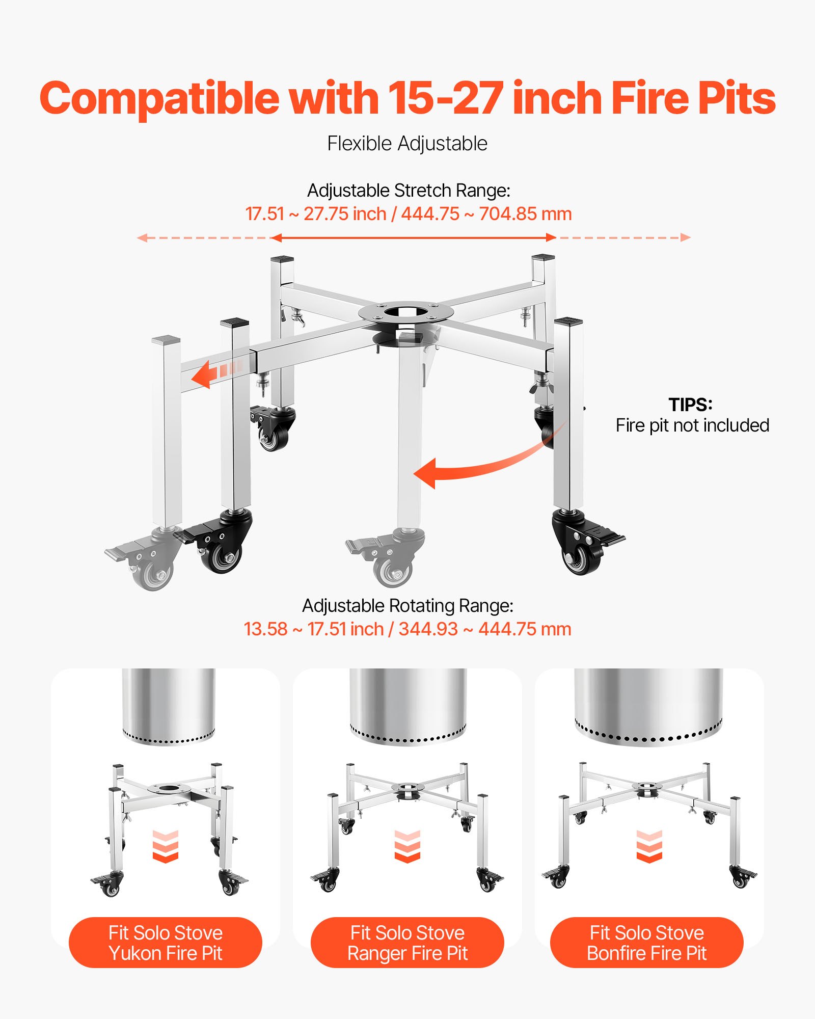VEVOR Fire Pit Stand, 38-68.6 cm Adjustable Stretch with 4 Casters, Firepit Stand for Solo Stove Bonfire Ranger Yukon & Other Outside Firepit, Stainless Steel Camping Fire Pit Accessory for Fireplace