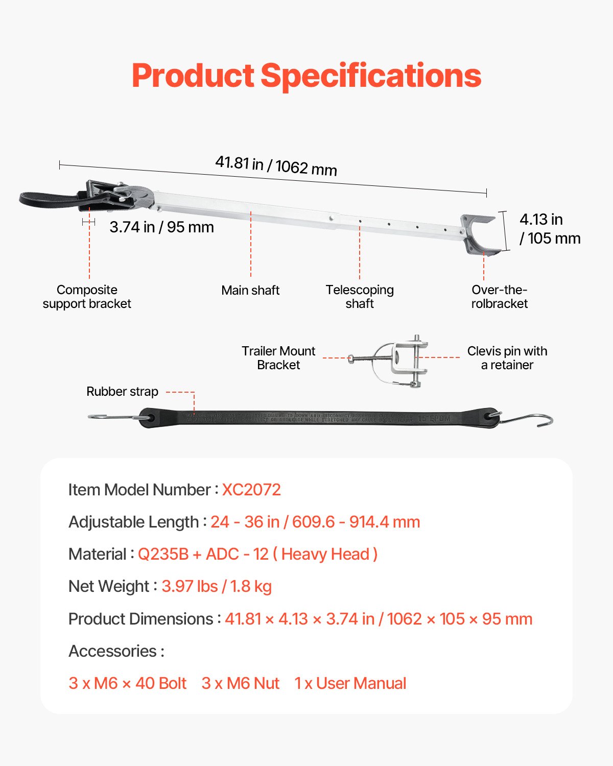VEVOR verstellbarer Heckspiegelschoner Transom Saver (609,6-914,4 mm) mit Verbundkopf, korrosionsbeständiger Heckspiegelschoner Außenbordmotoren unter 100 PS, für Anhänger Boot Außenbordmotoren