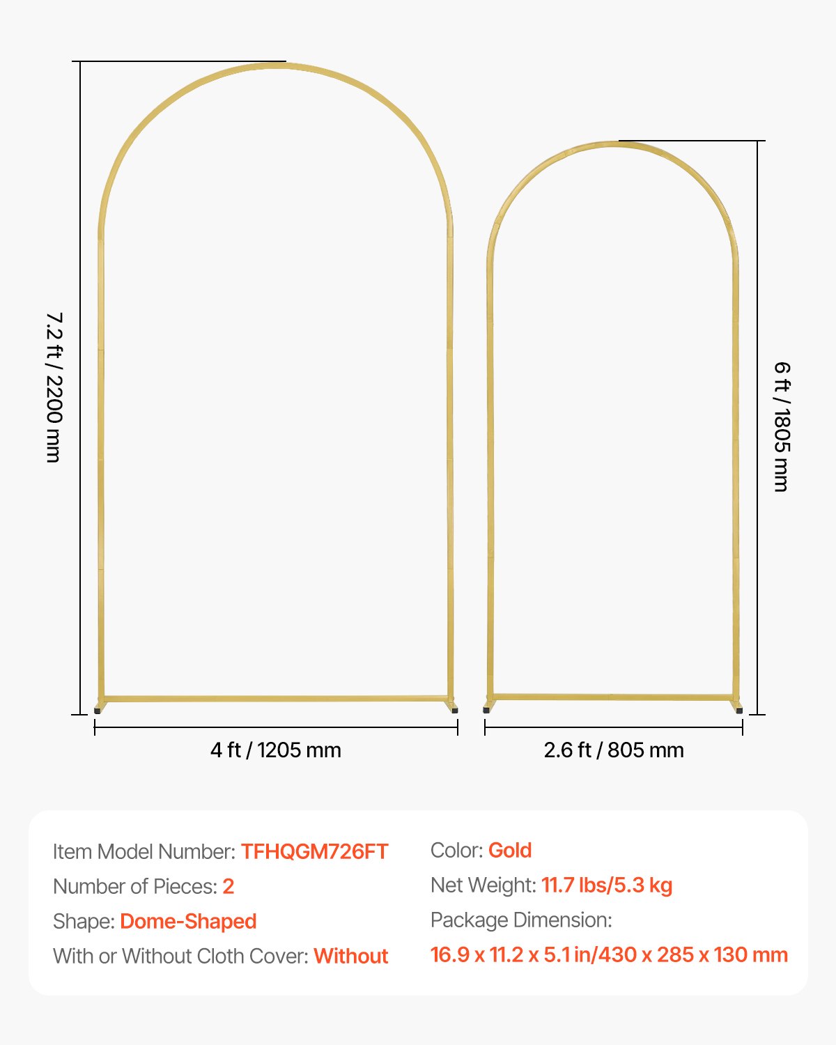 VEVOR Hochzeit Bogen, 2,2 m & 1,8 m, 2er-Set Traubogen, mit Gehäuseverbindung und Chassis-Querstangendesign, leicht zu montierender goldener Ständer, geeignet für Geburtstage, Feiern, Feiertage
