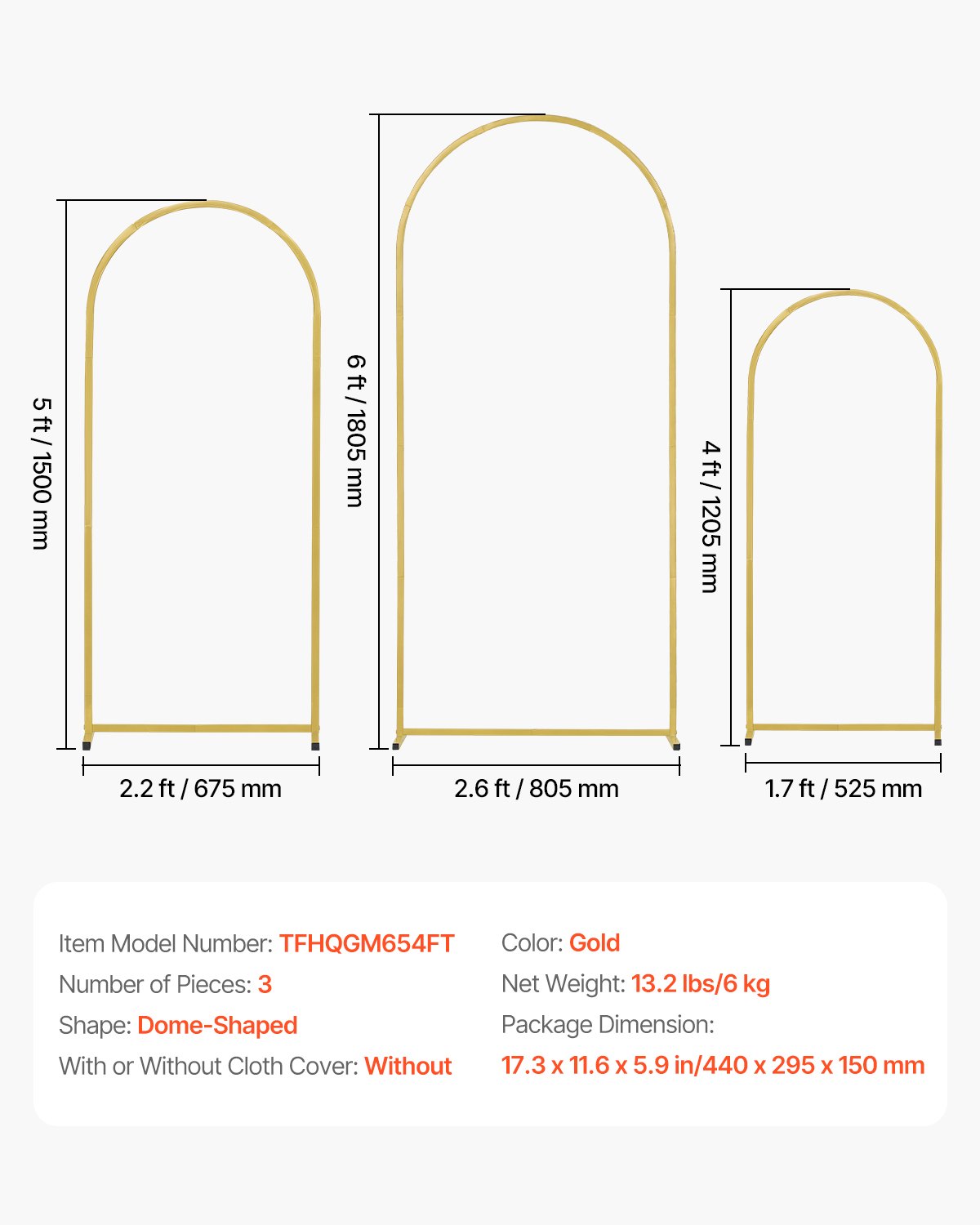 VEVOR Hochzeit Bogen, 3er-Set, 1,2/1,5/1,8m Traubogen mit Gehäuseverbindung und Chassis-Querstangendesign, leicht zu montierender Ständer aus Metall, passend für Geburtstage, Feiern, Feiertage