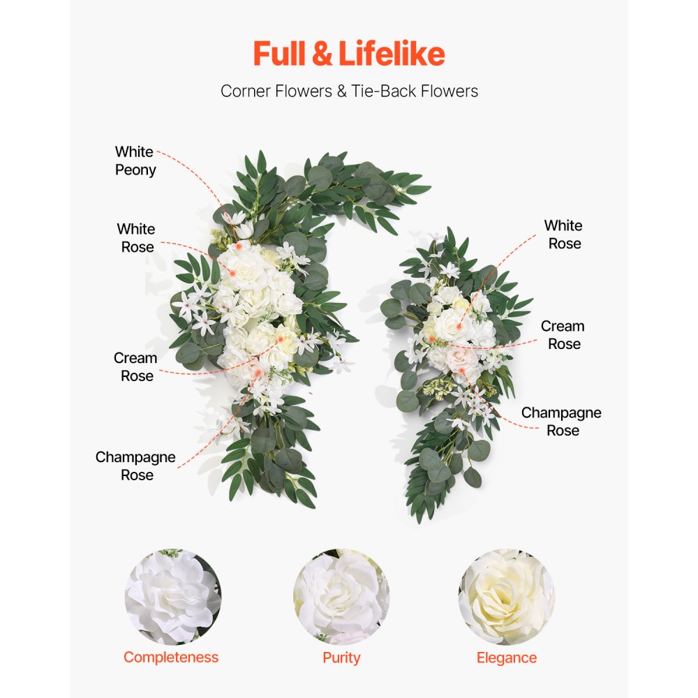 VEVOR Blumenset für Hochzeit Bogen, weiße Blumen für Traubogen mit Vorhängen (3er-Set) – 2 Blumenarrangements, 1 transparente Vorhänge, für Zeremoniensträuße, (Ohne Holzbogenständer)
