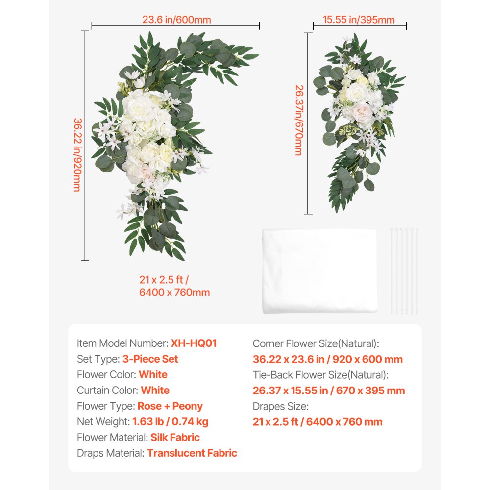 VEVOR Blumenset für Hochzeit Bogen, weiße Blumen für Traubogen mit Vorhängen (3er-Set) – 2 Blumenarrangements, 1 transparente Vorhänge, für Zeremoniensträuße, (Ohne Holzbogenständer)