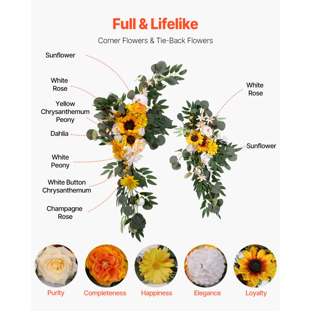 VEVOR Blumen für Hochzeit Bogen, gelbe Blumen für Traubogen mit Vorhängen (3er-Set) – 2 Blumenarrangements, 1 transparente Vorhänge, für Zeremoniensträuße, Empfangshintergrunddekoration