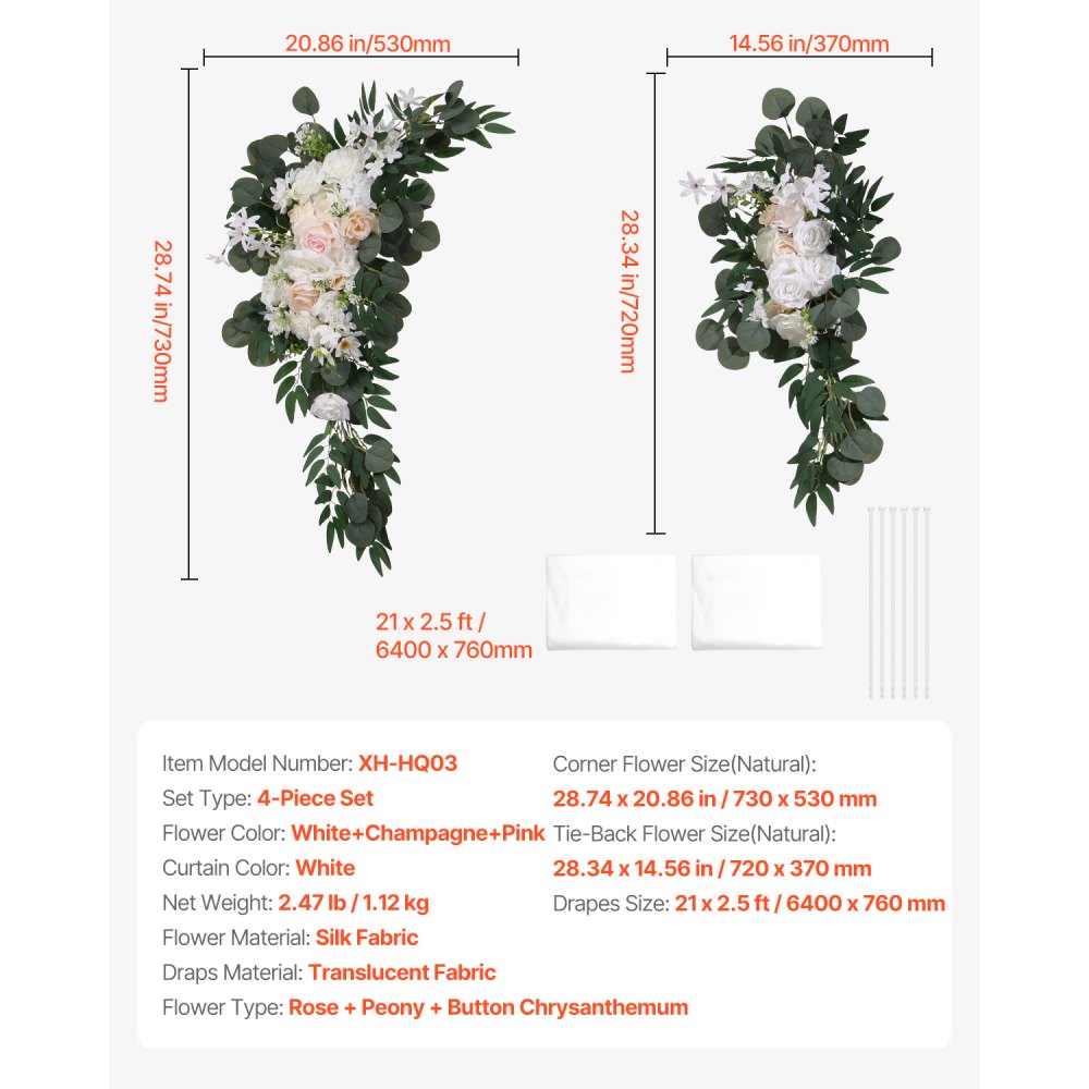 VEVOR Blumenset für Hochzeit Bogen, weiße Blumen für Traubogen mit Vorhängen (4er-Set) – 2 Blumenarrangements, 2 transparente Vorhänge, für Zeremoniensträuße, Empfangshintergrunddekoration