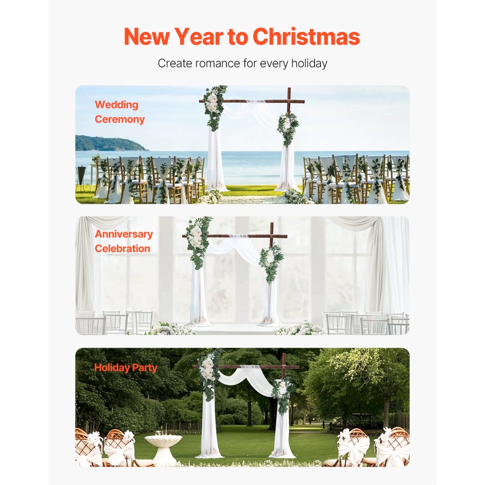 VEVOR Blumenset für Hochzeit Bogen, weiße Blumen für Traubogen mit Vorhängen (4er-Set) – 2 Blumenarrangements, 2 transparente Vorhänge, für Zeremoniensträuße, Empfangshintergrunddekoration