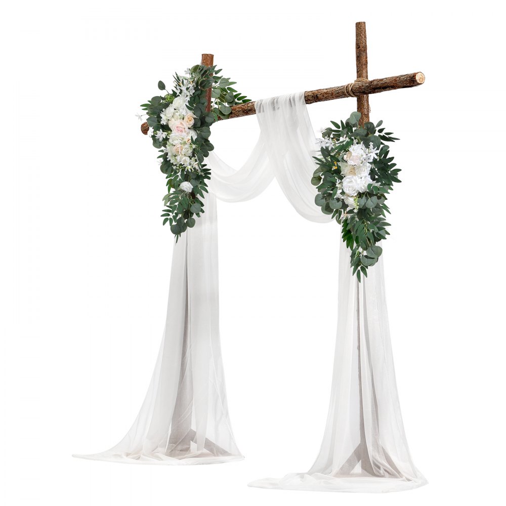 VEVOR Blumenset für Hochzeit Bogen, weiße Blumen für Traubogen mit Vorhängen (4er-Set) – 2 Blumenarrangements, 2 transparente Vorhänge, für Zeremoniensträuße, Empfangshintergrunddekoration