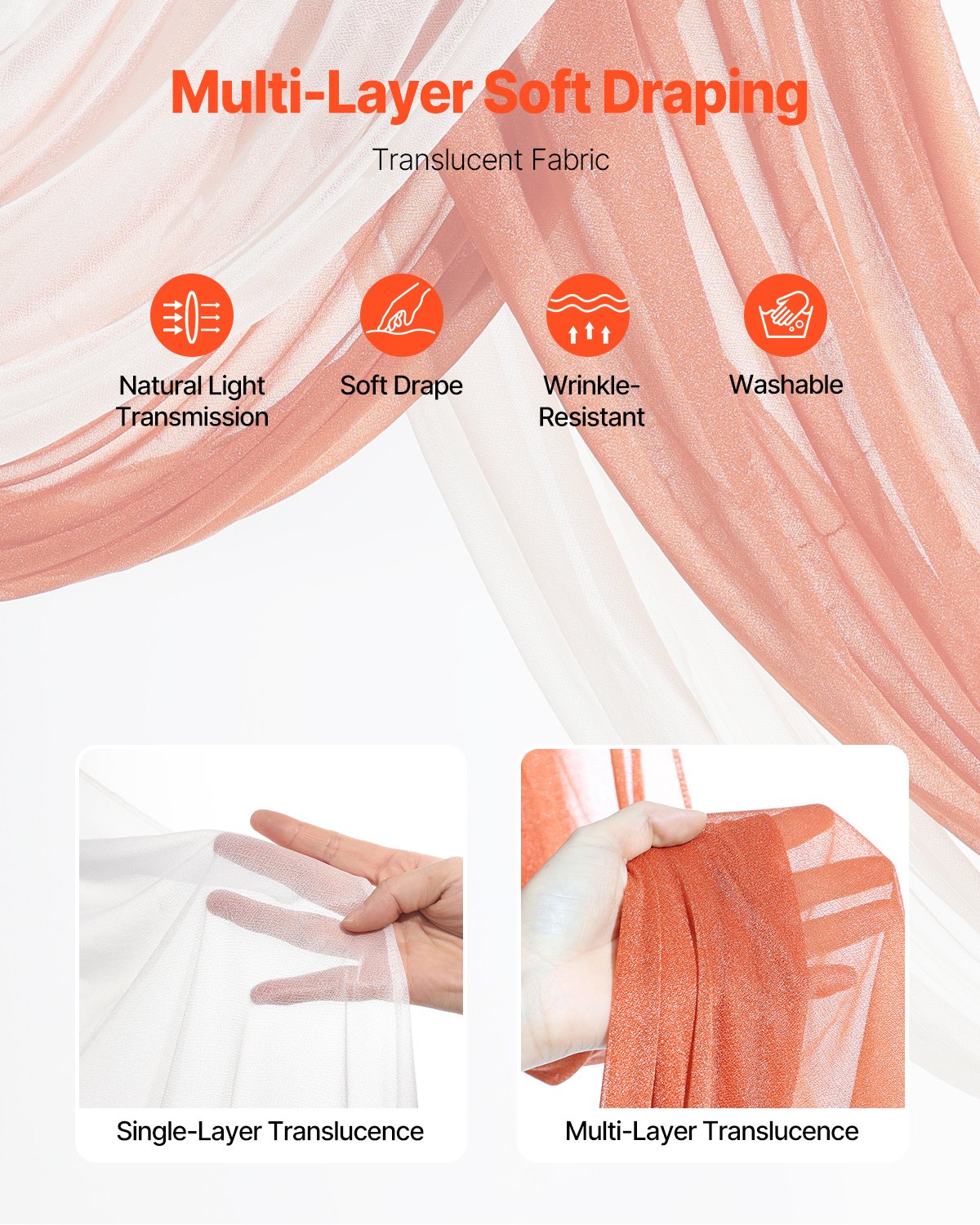 VEVOR Blumenset für Hochzeit Bogen, orangefarbene Blumen für Traubogen mit Vorhängen (4er-Set) – 2 Blumenarrangements, 2 transparente Vorhänge, für Zeremoniensträuße, Empfangshintergrunddekoration