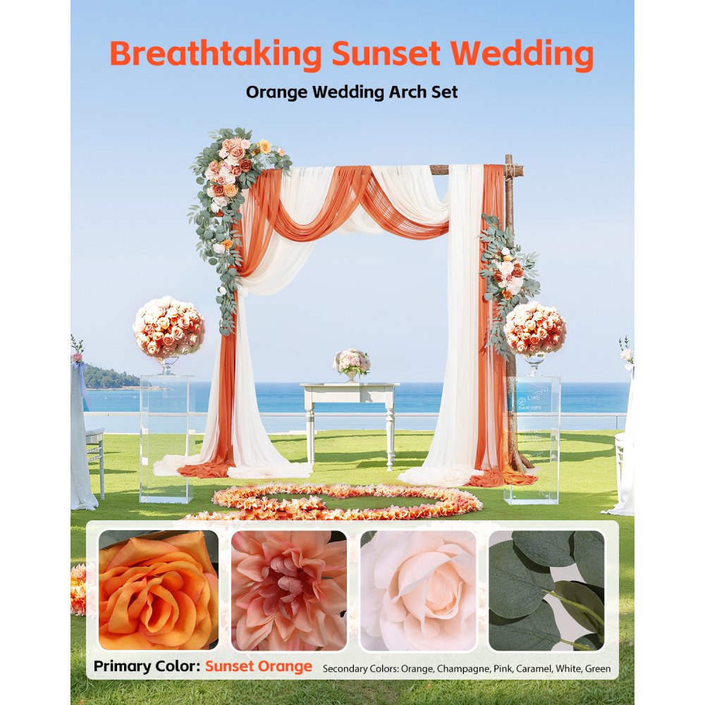 VEVOR Hochzeit Bogen, orangefarbene Blumen für Traubogen mit Vorhängen (5er-Pack) – 2 Blumenarrangements, 3 transparente Vorhänge, für Zeremoniensträuße, Empfangshintergrunddekoration