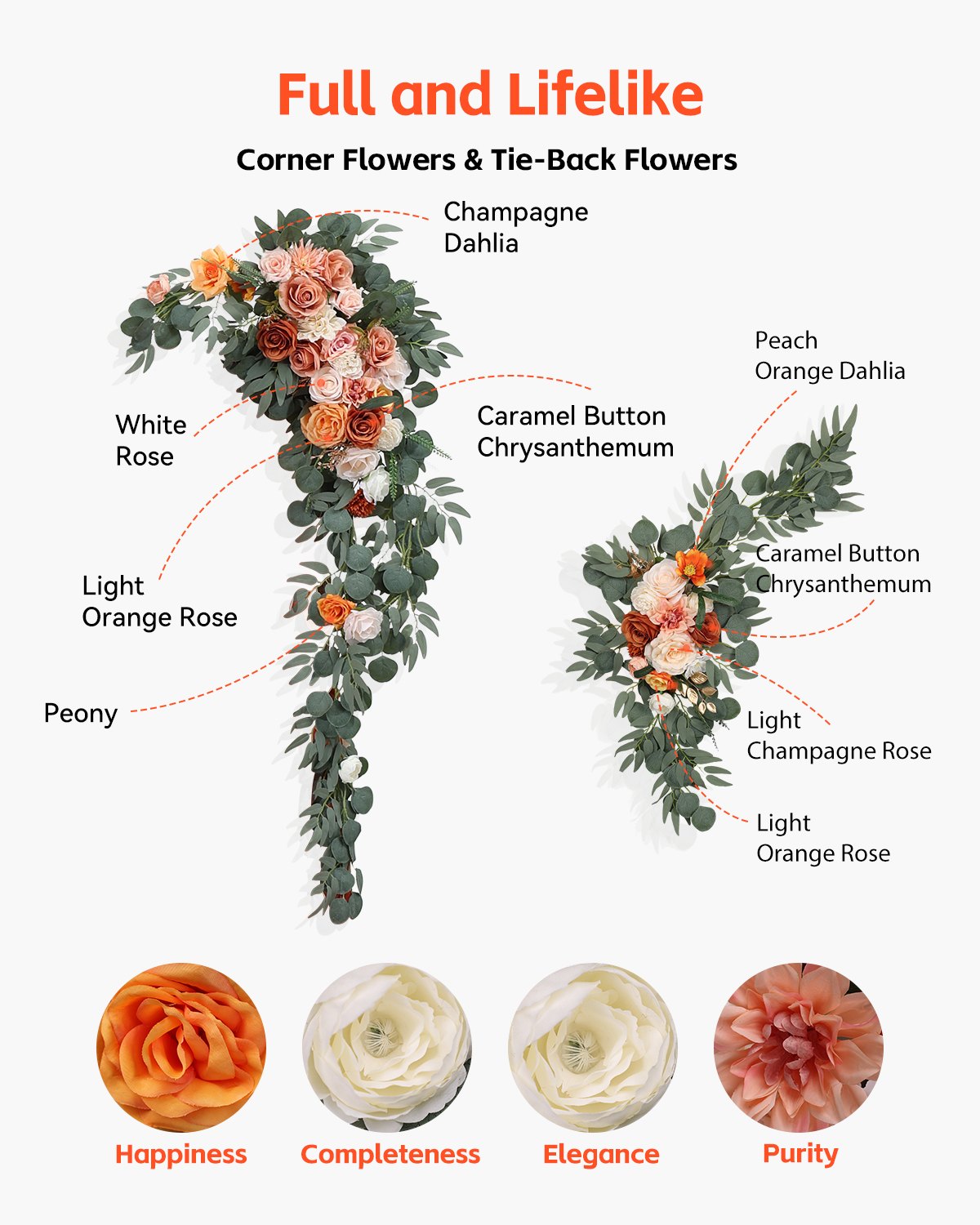 VEVOR Hochzeit Bogen, orangefarbene Blumen für Traubogen mit Vorhängen (5er-Pack) – 2 Blumenarrangements, 3 transparente Vorhänge, für Zeremoniensträuße, Empfangshintergrunddekoration