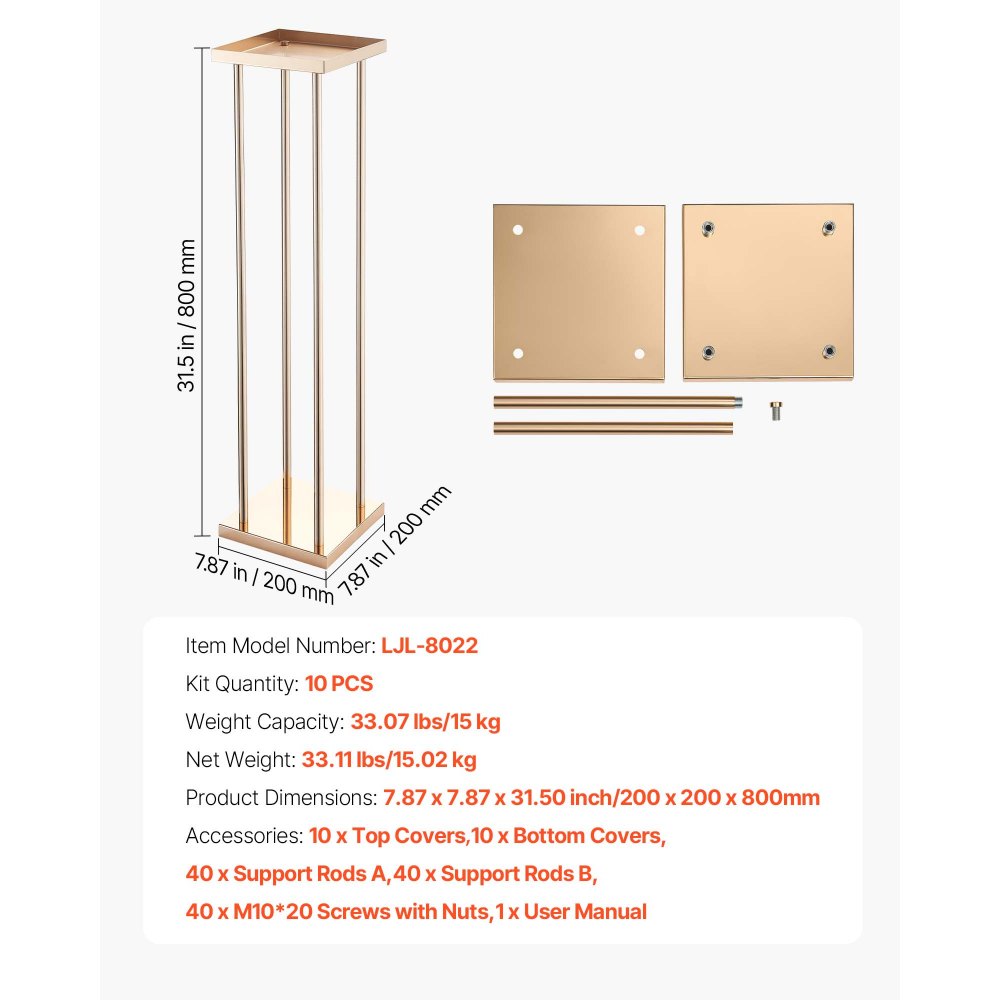 VEVOR Hochzeitsblumenständer 200x200x800 mm, 10 Stk. Blumenhocker mit Metallablage & zylindrischen Beinen, Pflanzenhocker für Hochzeiten, Partys, Geburtstage, Zuhause, Tischdekorationsständer