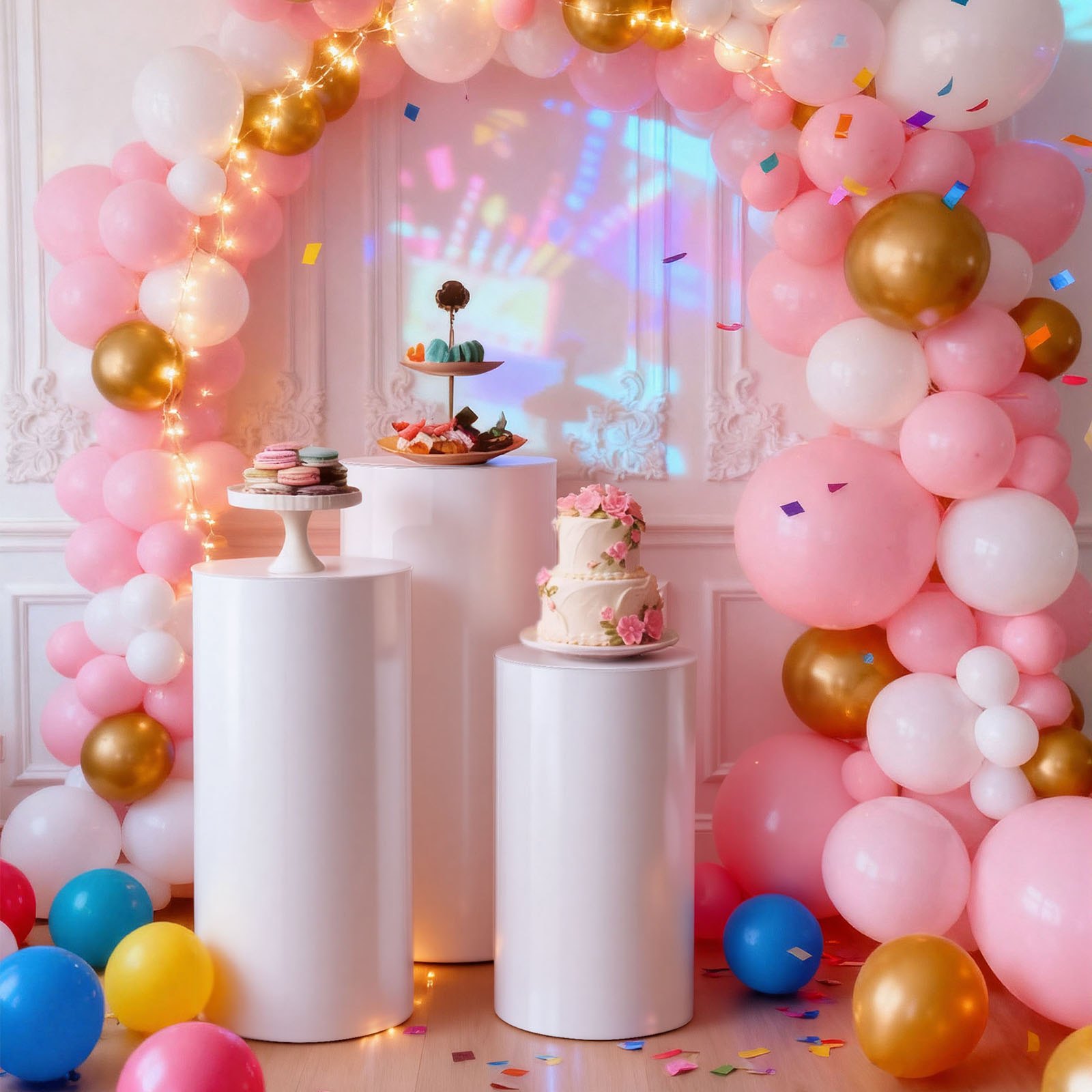 VEVOR Hochzeitsblumenständer, 3-tlg., Zylindersockel (600/750/900 mm hoch), weißer Sockel mit PVC-Deckel, zylindrische Ständer für Hochzeiten, Partys, Geburtstage & Dekorationen, Tragkraft 15 kg