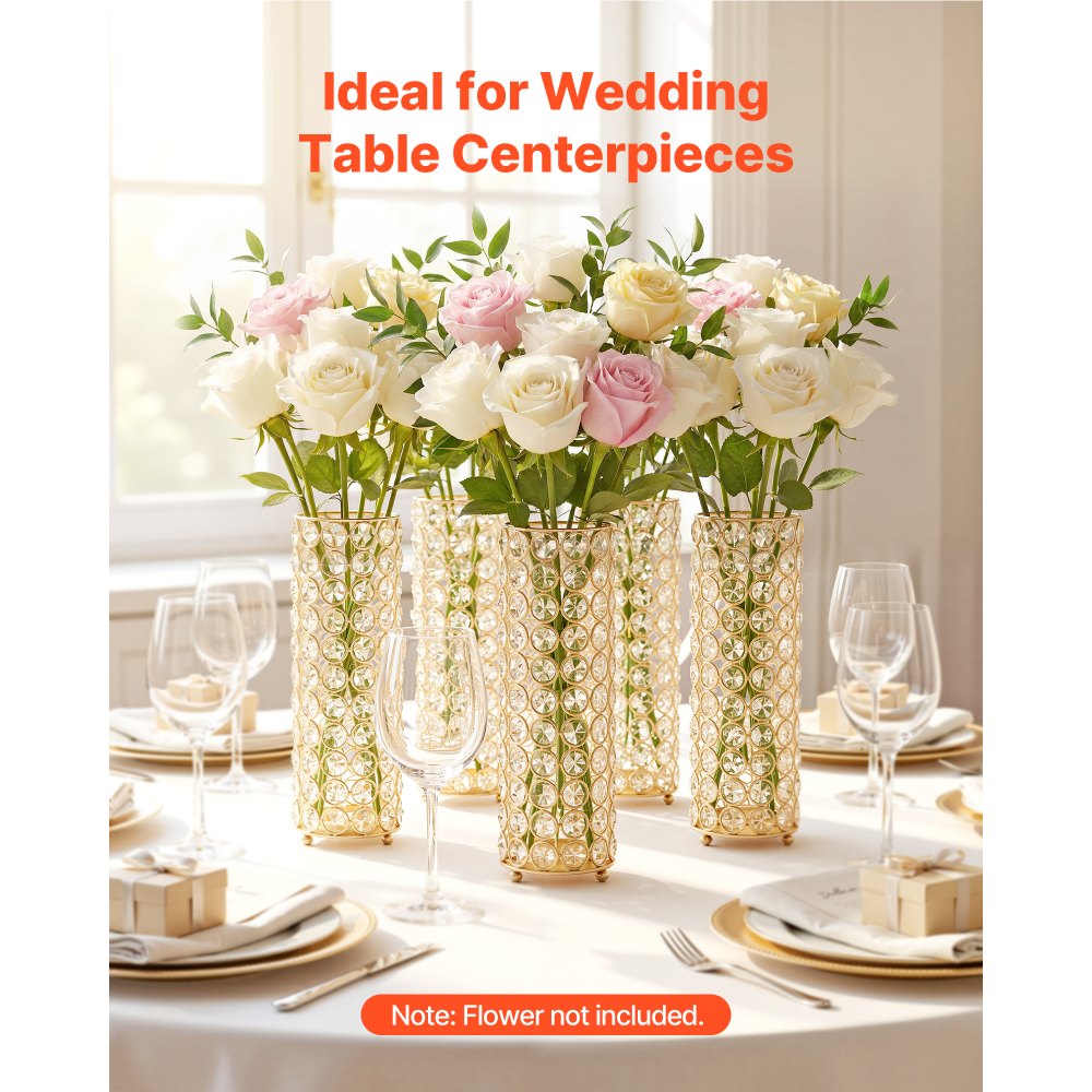 VEVOR 16 PCS Crystal Wedding Flower Vase, 26 cm Tall Flower Table Centerpieces, Crystal Cylinder Banquet Vases Easy Installation, Versatile Arrangement Stand for Party Events Room Home Decor, Gold