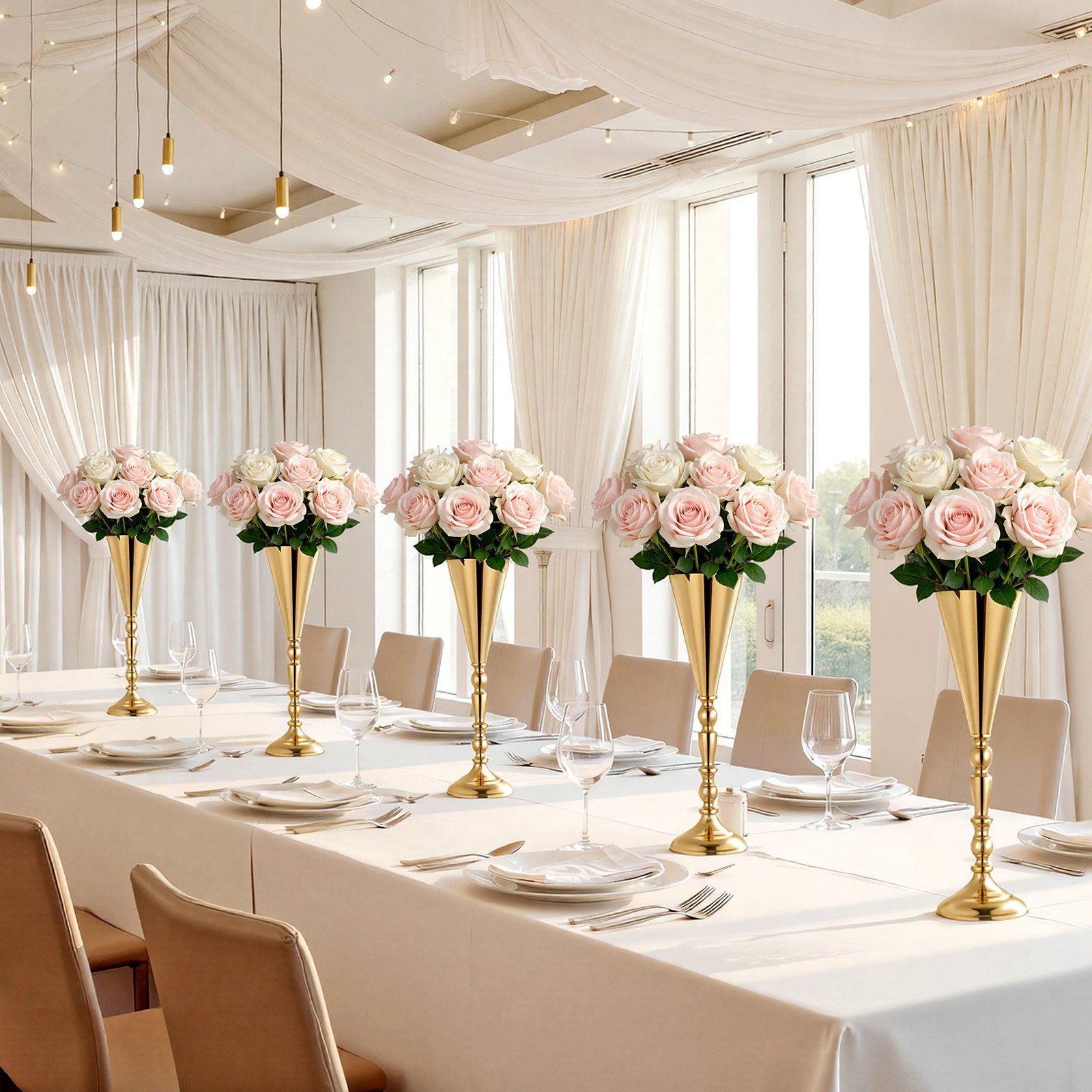 VEVOR 20 Stk. Hochzeitsvasen Tafelaufsatz Blumenvasen für Hochzeit 43 cm Hoch, Metall Tafelaufsatz Vasen mit Blumenständern, Trompete Vase Tischdeko für Hochzeiten Party Jubiläumsfeier Zeremonie, Gold