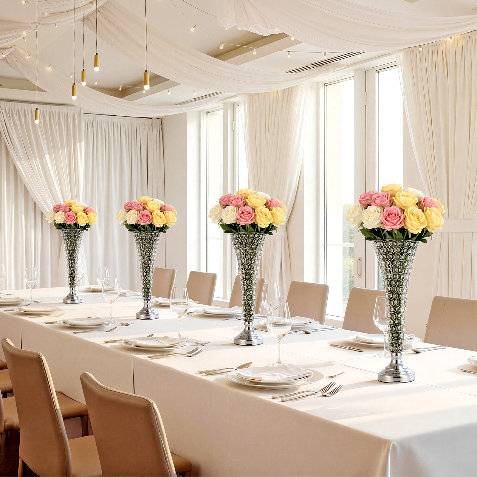 VEVOR 4 Stk. Hochzeitsvasen Tafelaufsatz Blumenvasen für Hochzeit 51 cm Hoch, Metall Tafelaufsatz Vasen mit Kristall Blumenständern, Trompete Vase für Hochzeiten Party Jubiläumsfeier Zeremonie, Silber