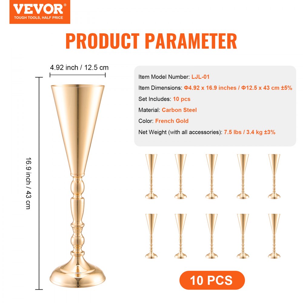 VEVOR 10 Stück 43 cm hohe Blumenvase für Hochzeiten, Metall-Trompeten-Mittelstück, goldener Blumenständer für Tische bei Hochzeitsessen, Partys, Jubiläen, Zeremonien, Geburtstage, Eventdekoration