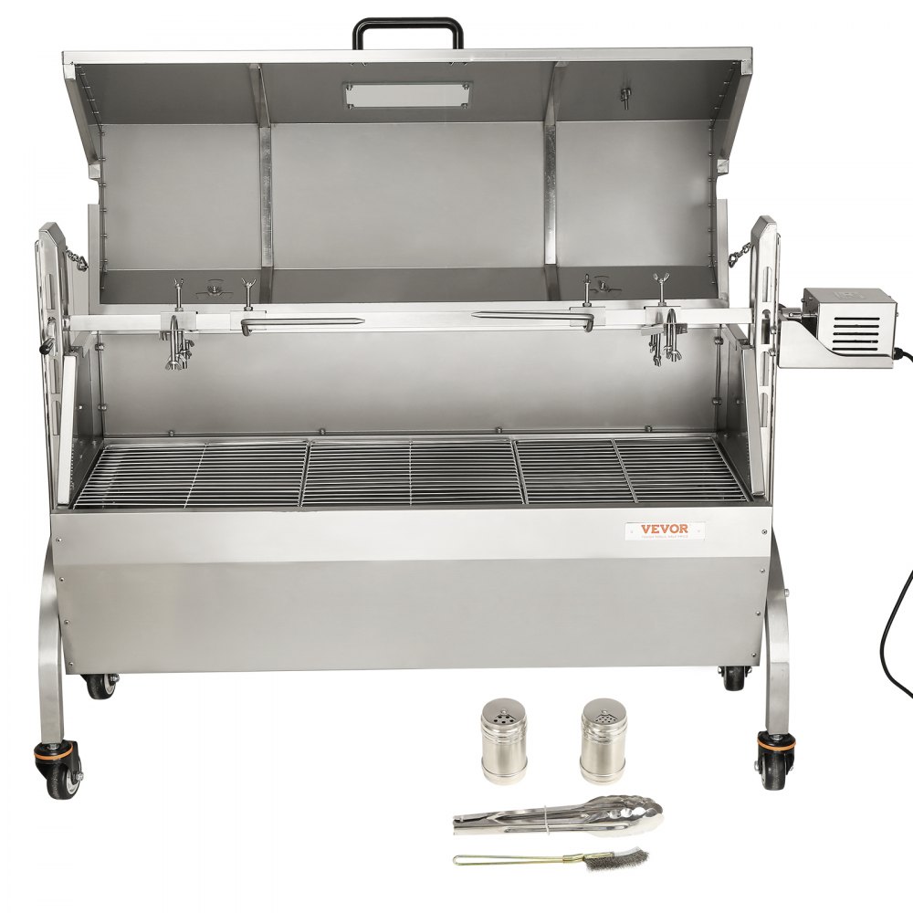 VEVOR Spanferkelgrill Lammgrill 117 cm, 60 kg Edelstahl Drehspieß Höhenverstellbar in 4 Stufen, 50 W 2 in 1 BBQ Rotisserie Grill inkl. Gewürzdose & Reinigungsbürste & Griff Elektrogrill mit Deckel
