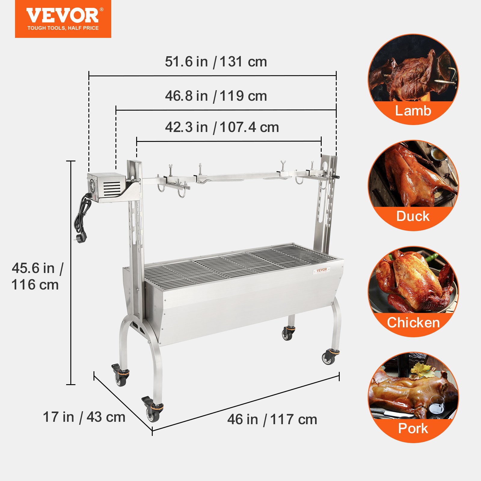 VEVOR Spanferkelgrill Lammgrill 117 cm, 41 kg Edelstahl Drehspieß 4-stufig höhenverstellbar, 50 W 2 in 1 BBQ-Rotisserie-Grill inkl. Gewürzdose & Reinigungsbürste & Griff Elektrogrill Beweglich