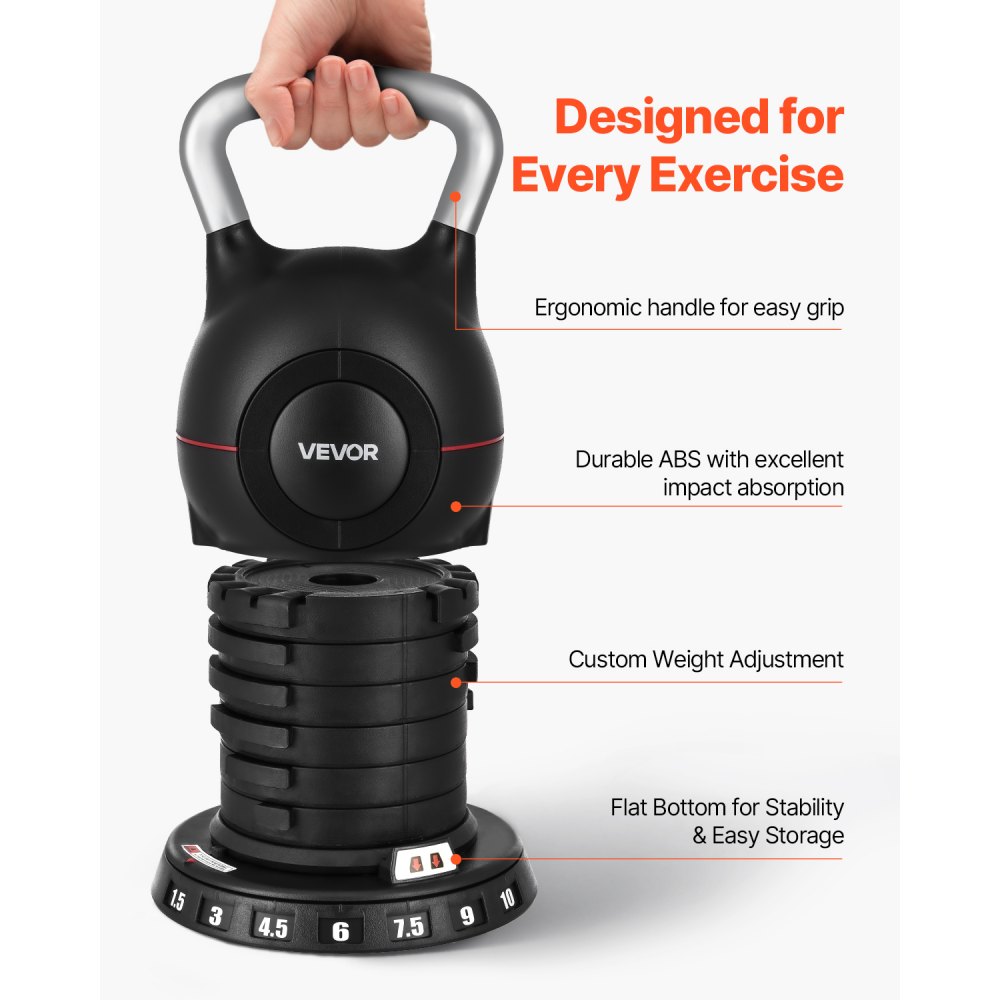 VEVOR Kugelhantel verstellbare Kettlebell mit 7 Gewichtsstufen (1,5/3/4,5/6/7,5/9/10 kg), Schwunghantel aus ABS + Aluminium-Druckguss, für Griffkrafttraining Ganzkörpertraining Cross-Training