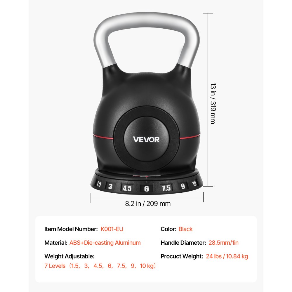 VEVOR Kugelhantel verstellbare Kettlebell mit 7 Gewichtsstufen (1,5/3/4,5/6/7,5/9/10 kg), Schwunghantel aus ABS + Aluminium-Druckguss, für Griffkrafttraining Ganzkörpertraining Cross-Training