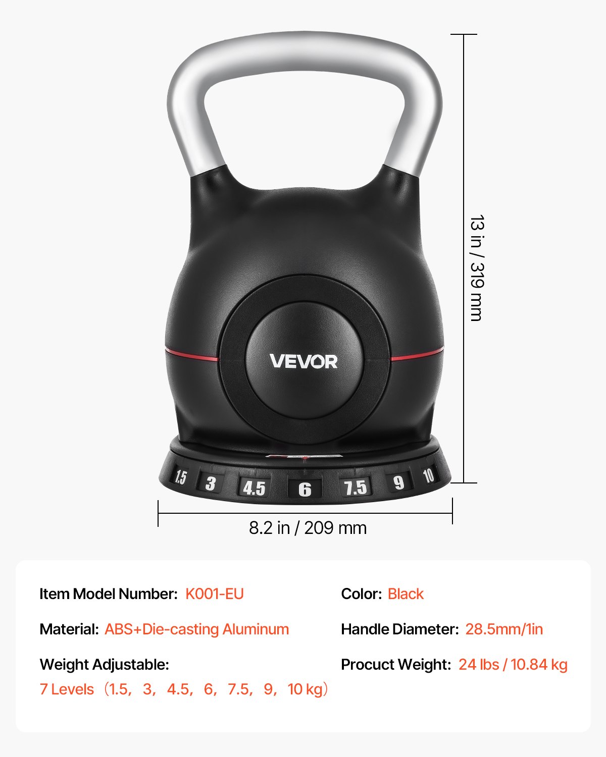 VEVOR Kugelhantel verstellbare Kettlebell mit 7 Gewichtsstufen (1,5/3/4,5/6/7,5/9/10 kg), Schwunghantel aus ABS + Aluminium-Druckguss, für Griffkrafttraining Ganzkörpertraining Cross-Training