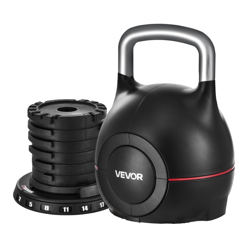 VEVOR Kugelhantel verstellbare Kettlebell mit 7 Gewichtsstufen (2/5/8/11/14/17/20 kg), Schwunghantel aus ABS + Aluminium-Druckguss, für Griffkrafttraining Ganzkörpertraining Cross-Training Schwarz