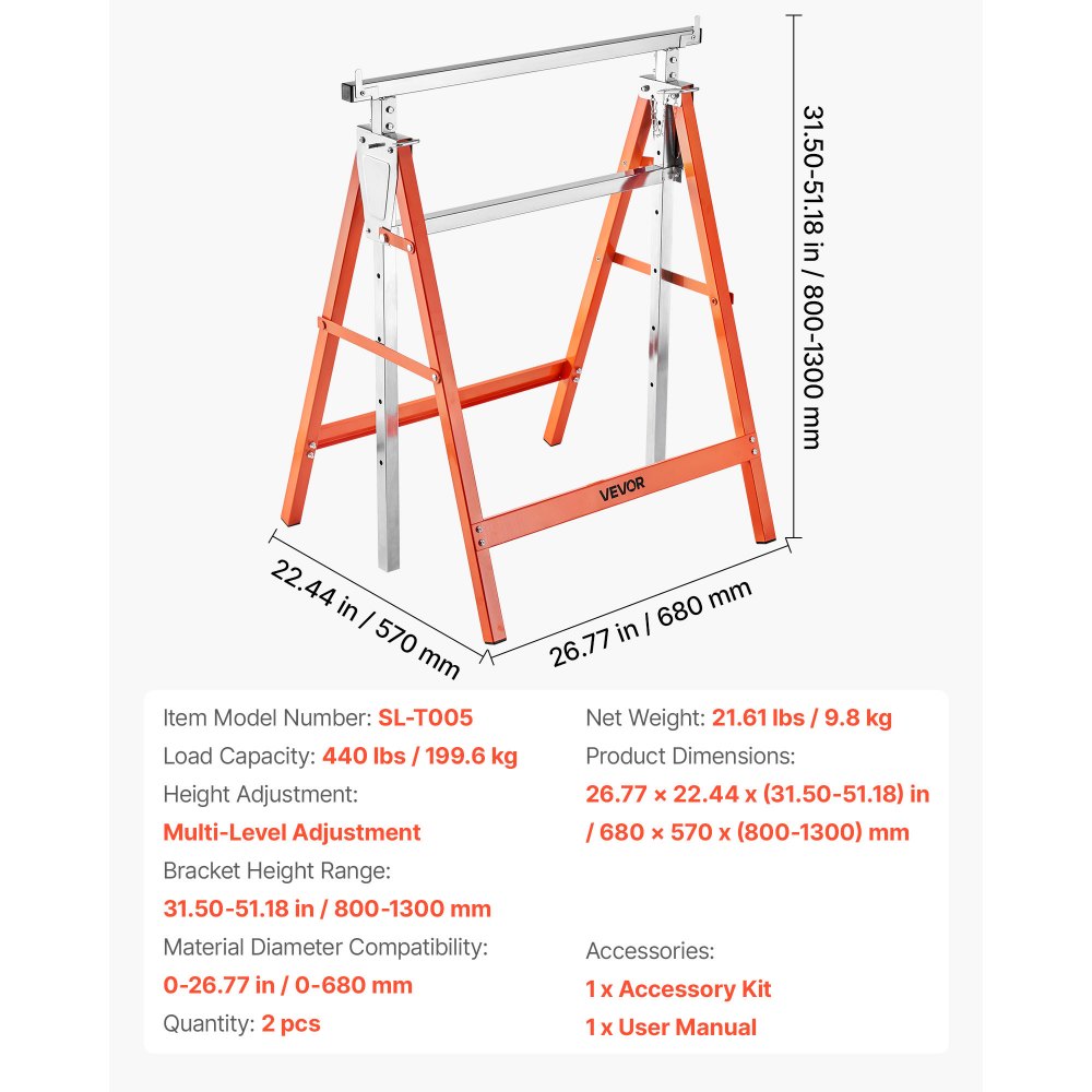 VEVOR Teleskop Arbeitsbock, 2er-Pack, Gerüstböcke, 200 kg Tragkraft, Unterstellbock, 800–1300 mm höhenverstellbar, mit rutschfesten Fußpolstern, für Holzarbeiten, Tischler & Bauunternehmer