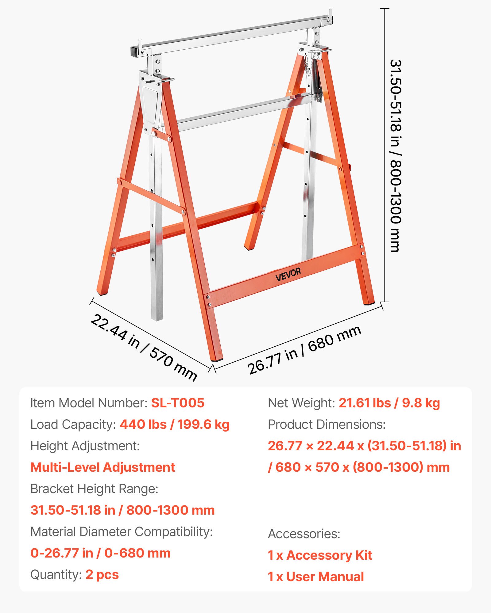 VEVOR Teleskop Arbeitsbock, 2er-Pack, Gerüstböcke, 200 kg Tragkraft, Unterstellbock, 800–1300 mm höhenverstellbar, mit rutschfesten Fußpolstern, für Holzarbeiten, Tischler & Bauunternehmer