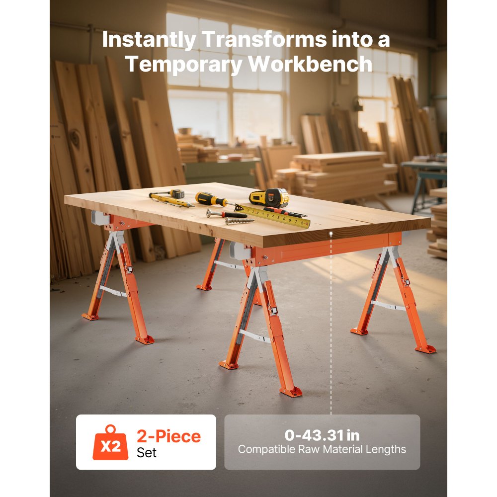 VEVOR Unterstellbock, 2er-Pack Arbeitsböcke, 816,5 kg, Klappbock mit klappbaren Beinen, höhenverstellbar, Sägebock mit rutschfesten Fußpolstern, für Holzarbeiten, Tischler & Bauunternehmer