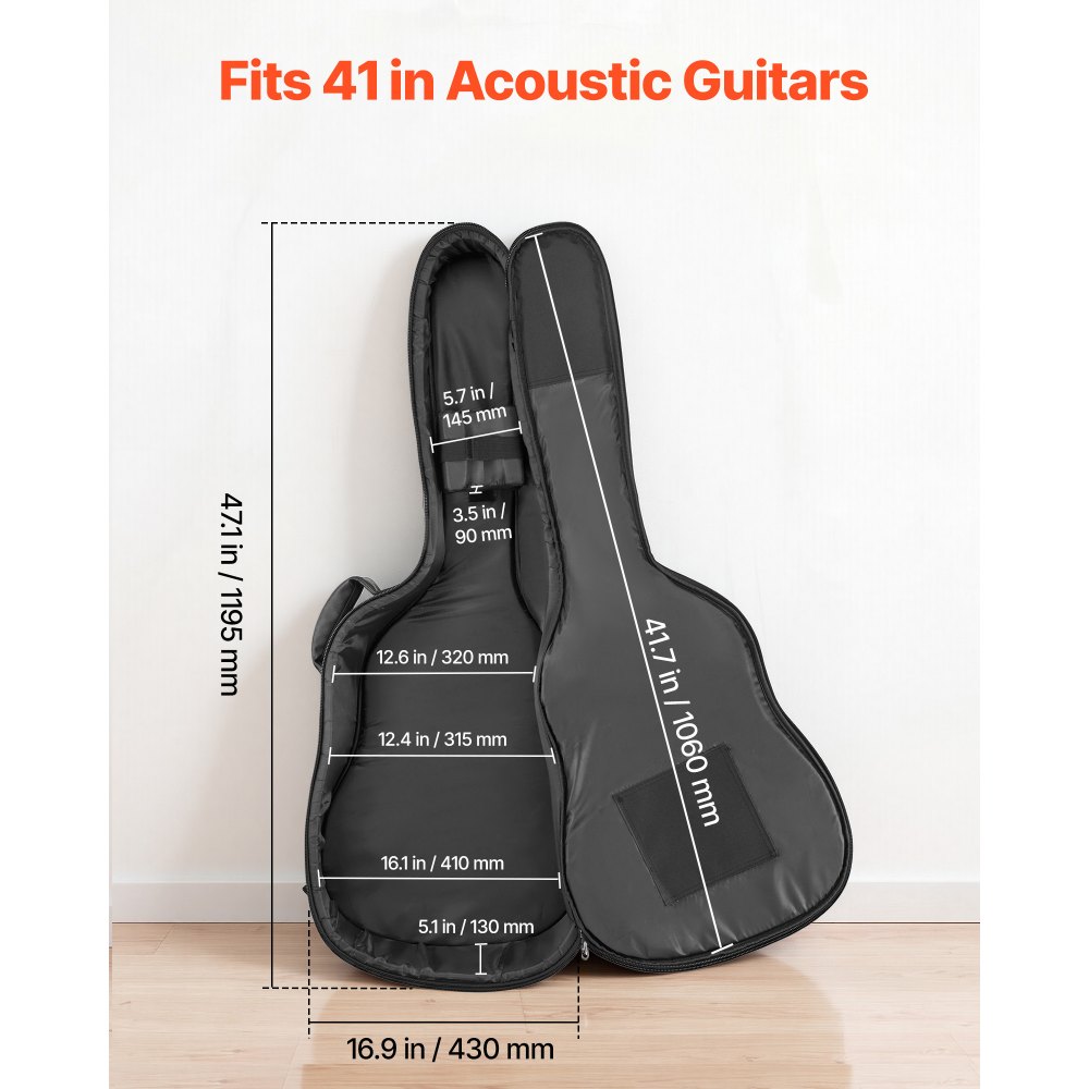 VEVOR Gitarrentasche für 41-Zoll-Akustikgitarren mit Tragegriff Schwarz, Gitarrenrucksack mit Schaumstoffpolsterung, Außenzubehörfach und Schultergurten, 1195 mm Gig Bag aus PU-Leder