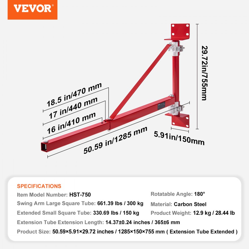 VEVOR Elektrischer Hebezeug-Stützarm 300 kg Tragkraft Hebezeughalter-Schwenkarm mit Stange Hebezeugrahmen aus Stahl, 180° schwenkbarer Gerüsthebezeug-Hebearm Windenhebezeugarm für Werkstatt Garage