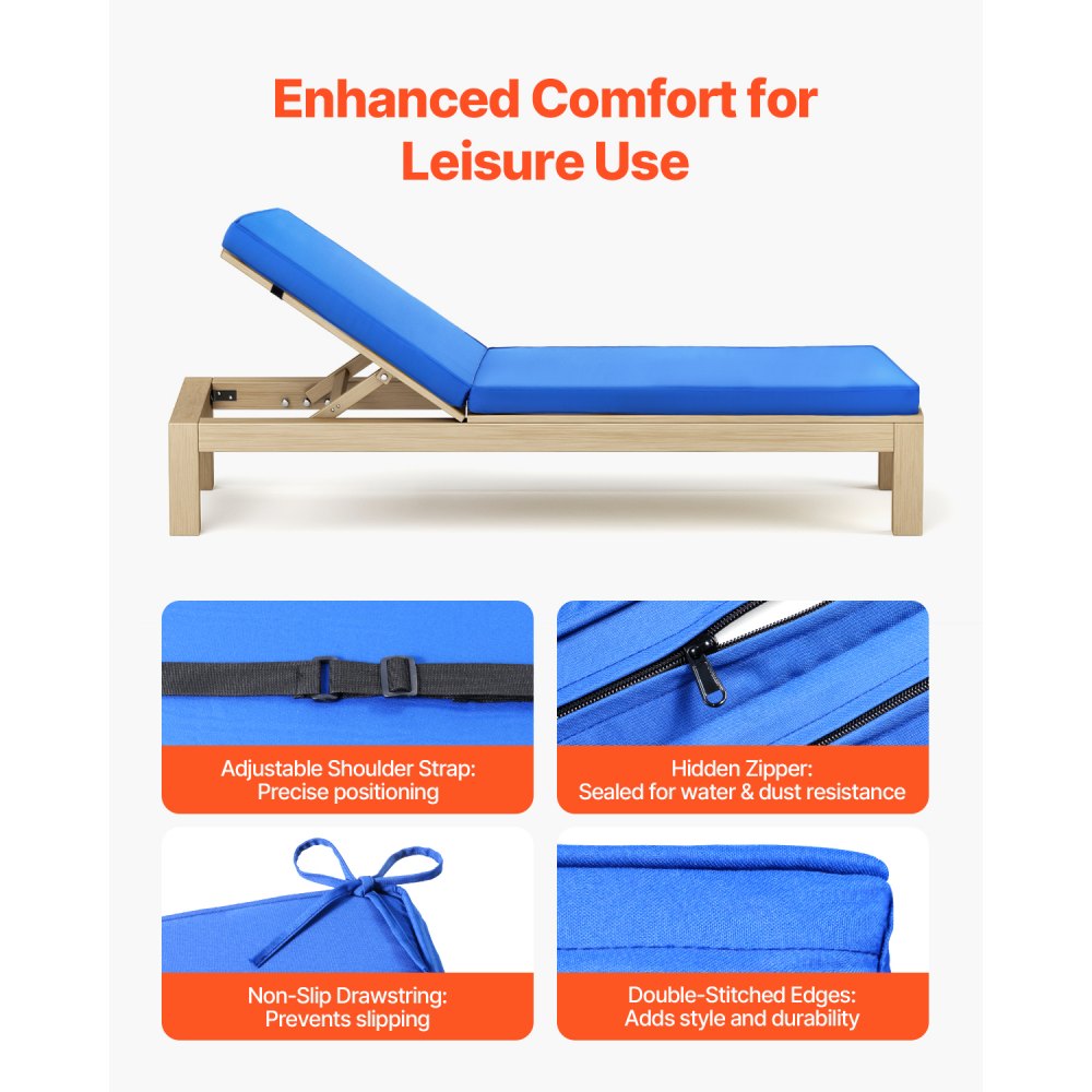 VEVOR Deckchair Auflagen, 1830x533x75 mm, Liegenauflagen für den Außenbereich, wasserabweisend & farbecht, Sonnenliegen-Kissen mit Bändern, dicke Terrassen-Liegepolster für Pooldeck, blau