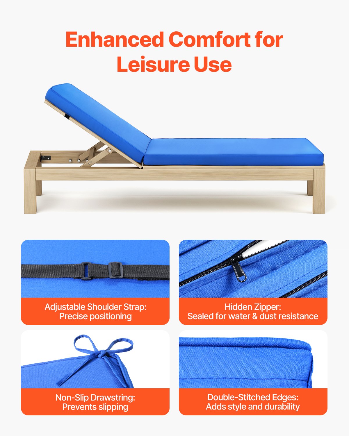 VEVOR Deckchair Auflagen, 1830x533x75 mm, Liegenauflagen für den Außenbereich, wasserabweisend & farbecht, Sonnenliegen-Kissen mit Bändern, dicke Terrassen-Liegepolster für Pooldeck, blau