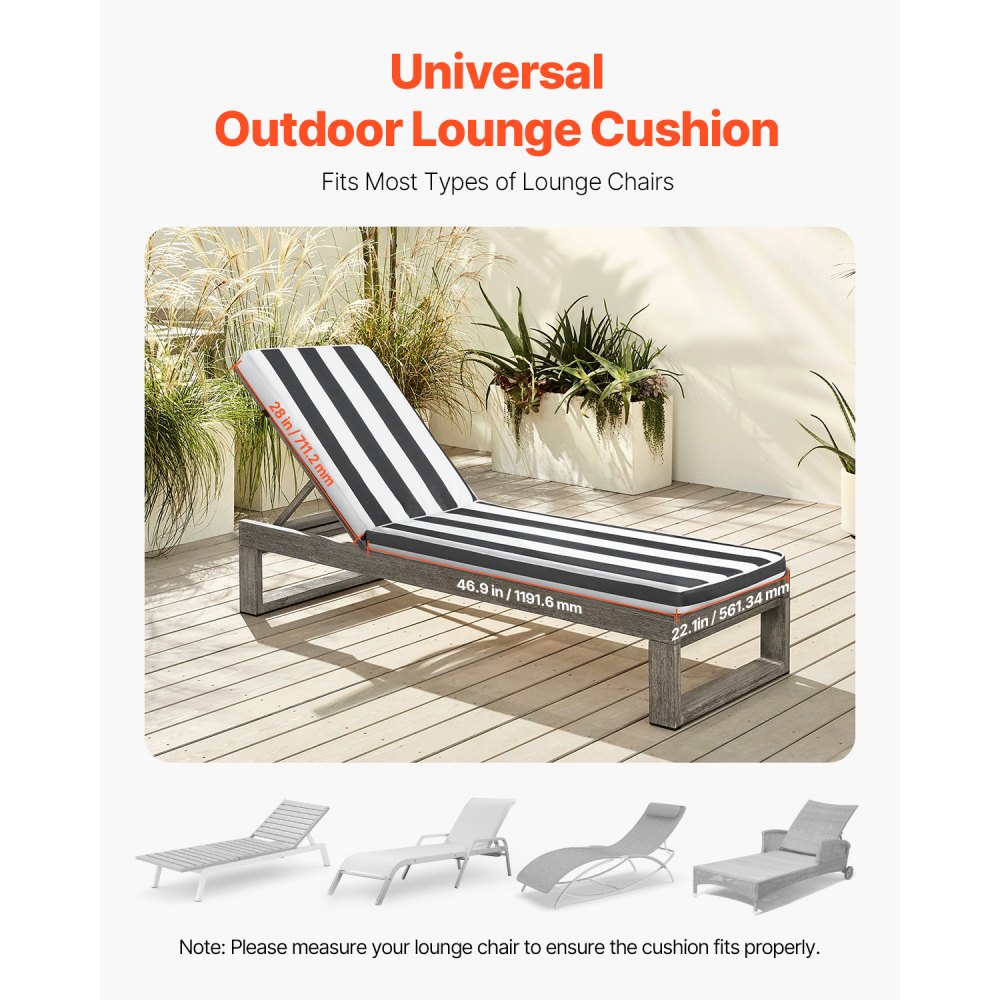 VEVOR Chaise Lounge Cushion, 89x56x71 cm, Set of 2 Outdoor Lounge Chair Cushions, Waterproof & Fade-Resistant Sun Lounger Cushions with Ties, Patio Lounger Pads for Pool Deck, Black & White Stripes