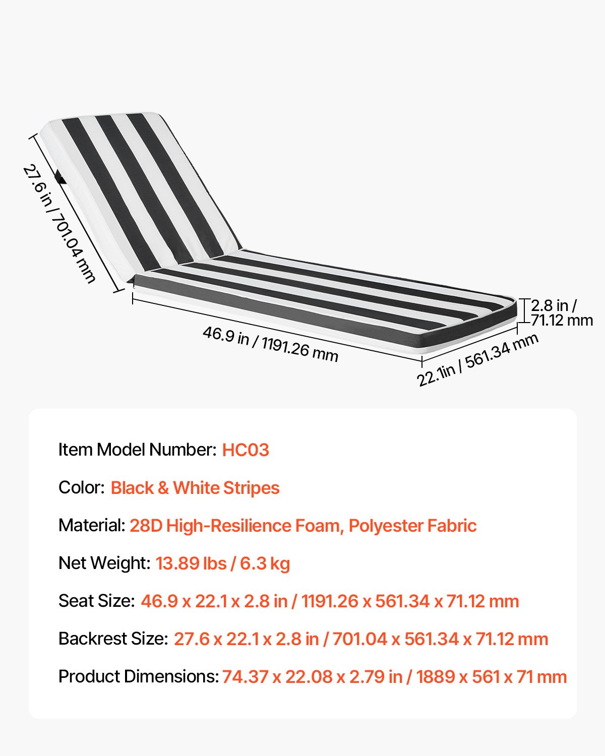 VEVOR Deckchair Auflagen, 1889x561x71mm, Liegenauflagen für Außenbereich, wasserabweisend & farbecht, Sonnenliegen-Kissen, dicke Terrassen-Liegepolster für Pooldeck, schwarz-weiß gestreift