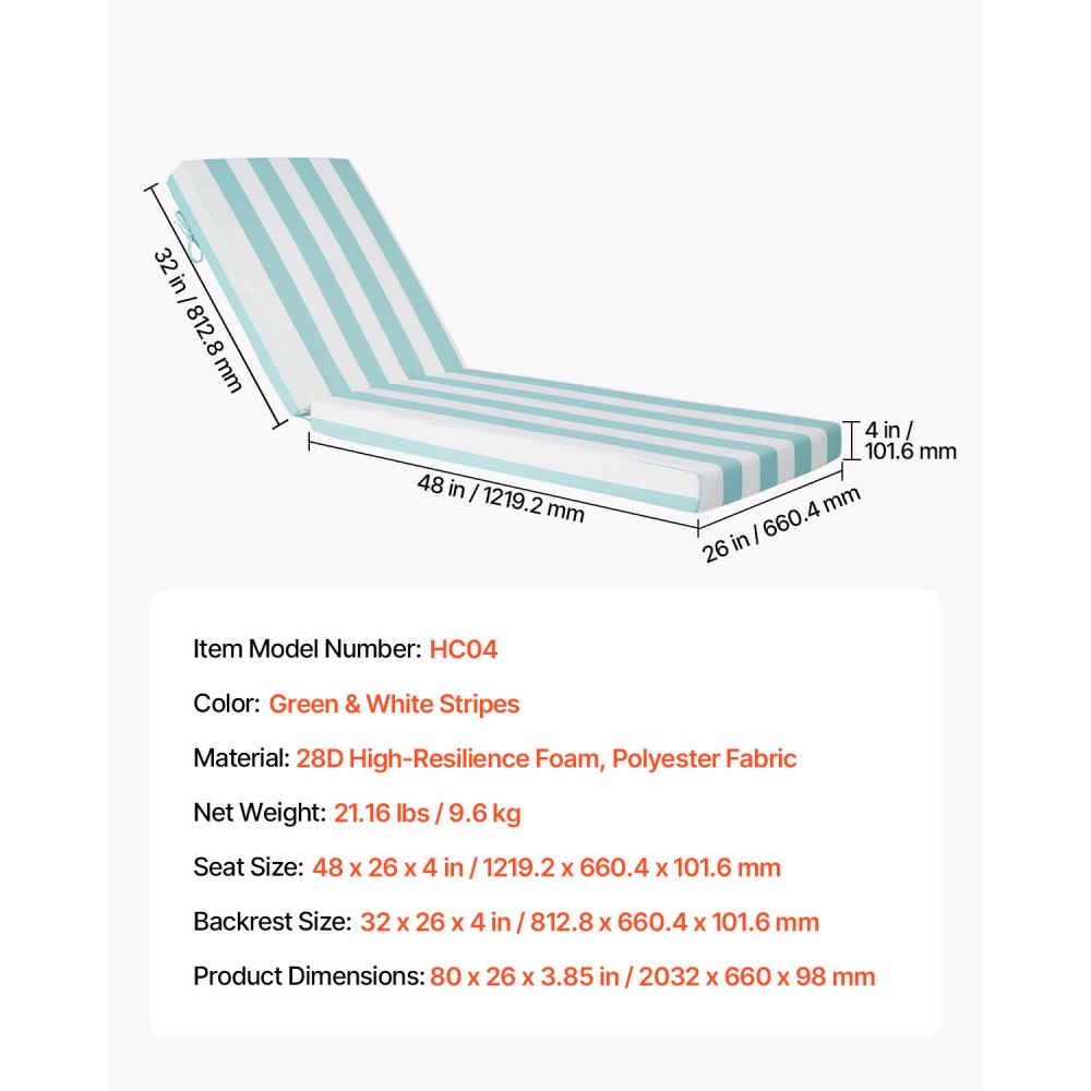 VEVOR Deckchair Auflagen, 2032x660x98 mm, Liegenauflagen für Außenbereich, wasserabweisend & farbecht, Sonnenliegen-Kissen mit Bändern, Terrassen-Liegepolster für Pooldeck, grün-weiß gestreift