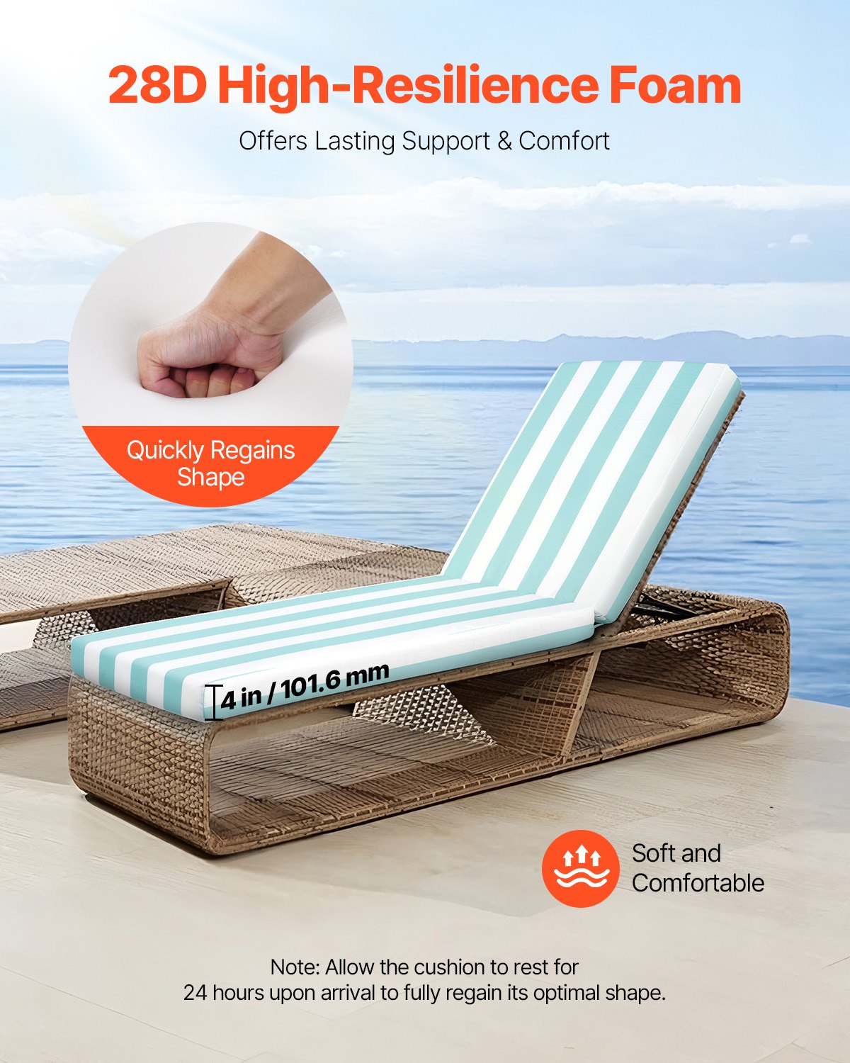 VEVOR Chaise Lounge Cushion, 203x66x9.8 cm, Set of 2 Outdoor Lounge Chair Cushions, Waterproof & Fade-Resistant Sun Lounger Cushions with Ties, Patio Lounger Pads for Pool Deck, Green & White Stripe