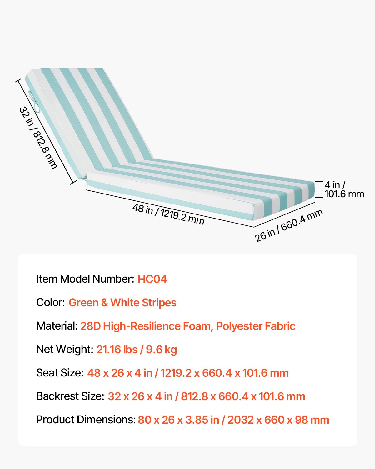 VEVOR Chaise Lounge Cushion, 203x66x9.8 cm, Set of 2 Outdoor Lounge Chair Cushions, Waterproof & Fade-Resistant Sun Lounger Cushions with Ties, Patio Lounger Pads for Pool Deck, Green & White Stripe