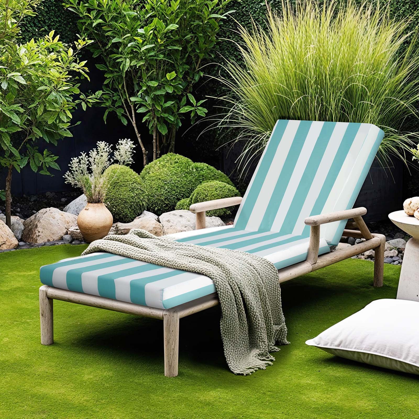 VEVOR Chaise Lounge Cushion, 203x66x9.8 cm, Set of 2 Outdoor Lounge Chair Cushions, Waterproof & Fade-Resistant Sun Lounger Cushions with Ties, Patio Lounger Pads for Pool Deck, Green & White Stripe