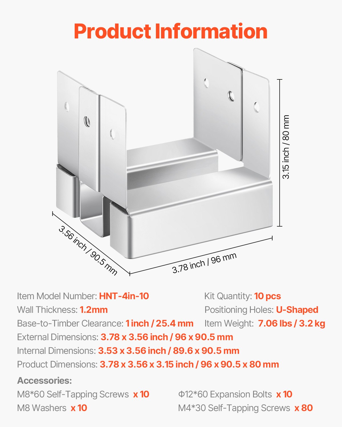 VEVOR Pfostenträger, 10 Stk., Innenmaß 89,6x90,5 mm für 88,9x88,9 mm Pfosten, Betonpfostenanker, Pfostensockel aus Kohlenstoffstahl mit 25,4 mm Abstandshöhe, für Betonpergolen & Terrassen