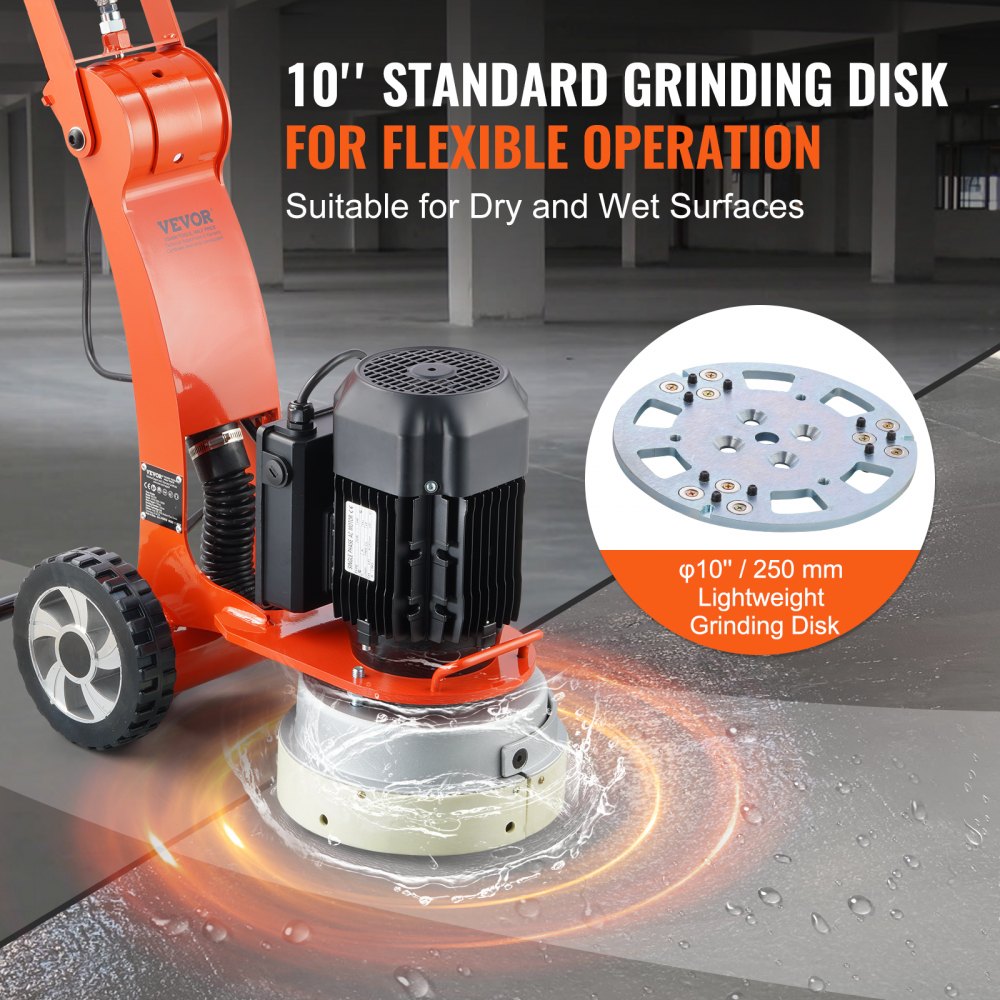 VEVOR Electric Concrete Floor Grinder, 250 mm, Handheld Grinder, 3 HP, Concrete Floor Polisher, 2200 W Grinding Machine, 1430 rpm, Improved Brushless Motor, Surface Grinder