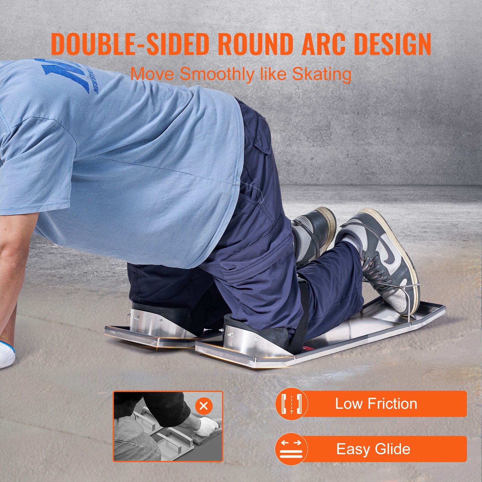 VEVOR Concrete Knee Boards, 70 x 20 cm, Sliding Knee Boards, Stainless Steel Knee Board, Concrete Gliders, 2 Pairs of Movable Sliders with Concrete Knee Pads and Board Straps for Cement and Concrete Processing