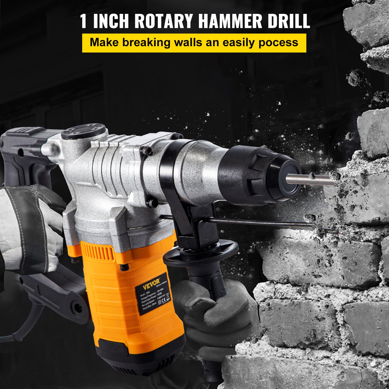 VEVOR Elektrischer Bohrhammer, 1050 W Kombihammer Bohrmaschinen, 26 mm Stemmhammer Schlagbohrmaschinen, Max. 850 U / min Meißelhammer Schlaghammer, 4,75 A Abbruchhammer Bürstenloser Tiefenanschlag