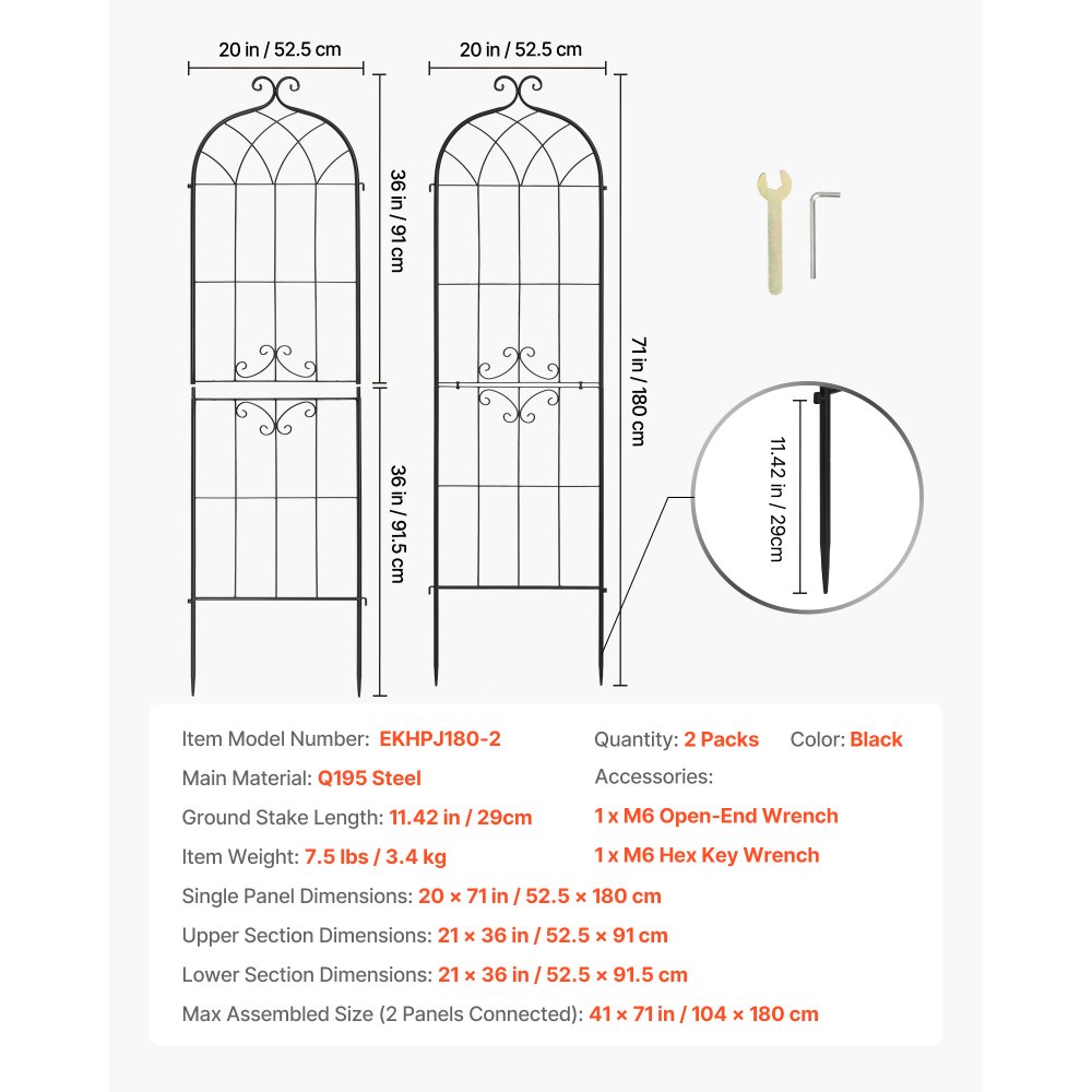 VEVOR Garden Trellis, 180 x 52.5 cm Rose Trellis, 2 Packs Garden Flower Rose Trellises with Powder-Coated Finish & Convenient Locking Design, Plant Support Trellises for Flowers, Vegetables, Roses
