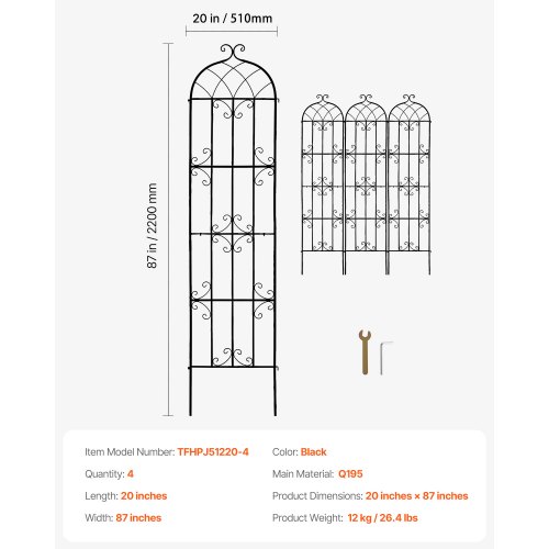 VEVOR Rankhilfe für Kletterpflanzen, 51x220 cm, 4er-Set rostfreies Metallspalier für Gartenblumen, Kletterrosen-Spalier, Rankgitter, Gurkenstütze,