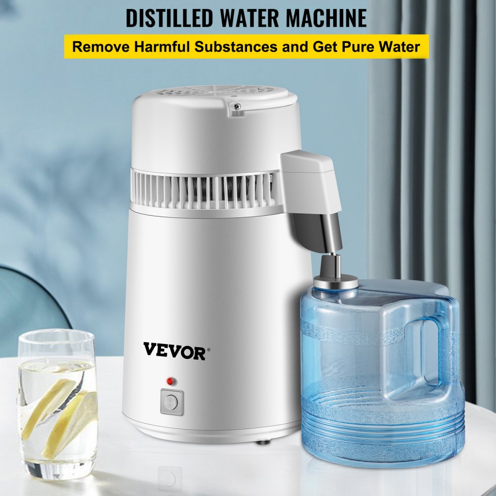 VEVOR Wasserdestilliergerät Trinkwasser, 750 W Wasser Destilliergerät 1,3 L/H Destilator Wasser Destilliergerät, 304 Edelstahl weißes Destilliermaschine mit Handgriff, Thermostat