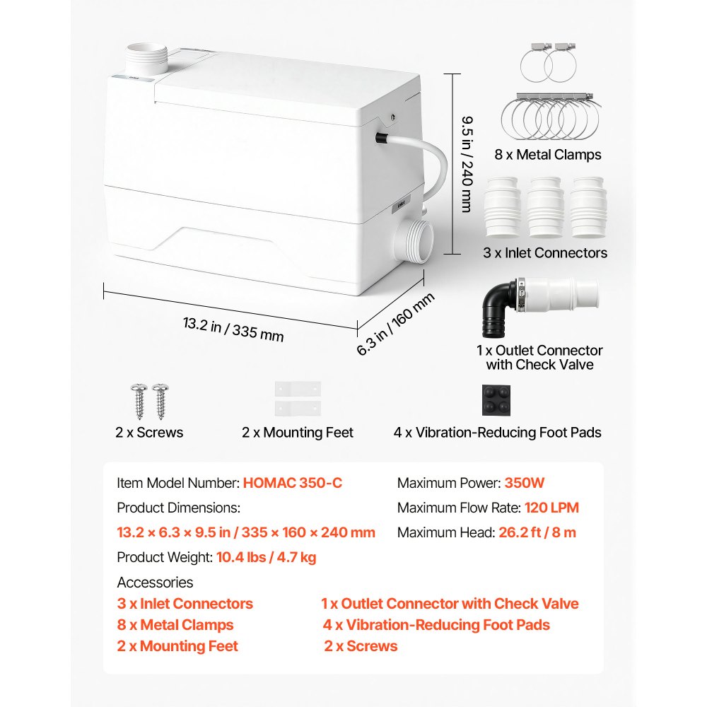 VEVOR Utility Sink Pump 350W 7200L/h Flow 26.2 ft / 8 m Head Drain Pump, Waste Water Disposal Machine with 3 Inlets, Portable and Powerful Performance, for Basement, Sink, Shower Room, Gray Water