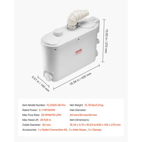 500W Hebeanlage Für WC & Sanitär - Schmutzwasserpumpe Mit 115L/Min, Bis 8m Förderhöhe