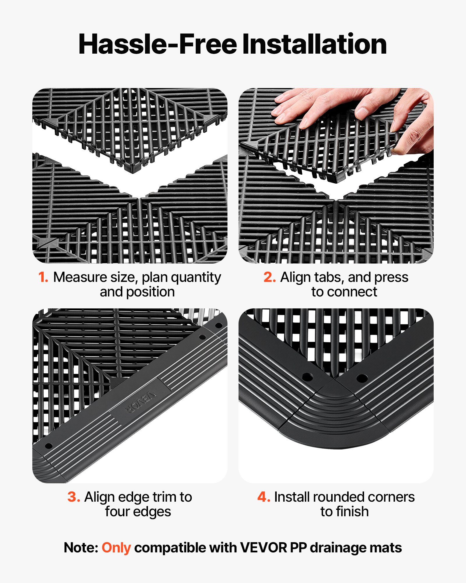 VEVOR Transition Edge Kit, 11-Piece, Durable PP Interlocking Modular Garage Floor Edging, Easy Installation, Edge Protection for Wet Area Restaurant, Only Compatible with VEVOR Drainage Mats, Black